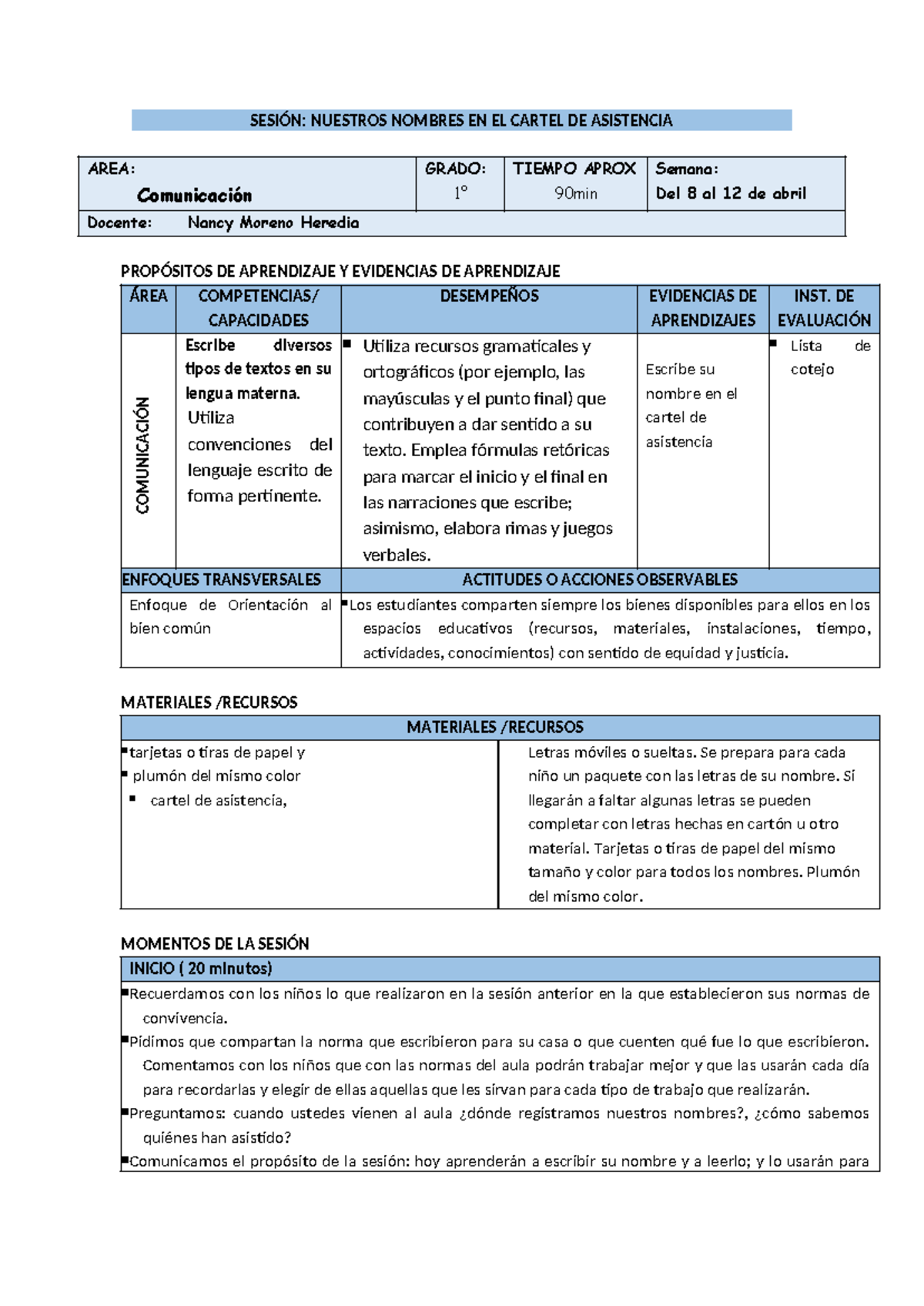 Actividad Sesión 1°: Escribo Mi Nombre en el Cartel de Asistencia - Studocu