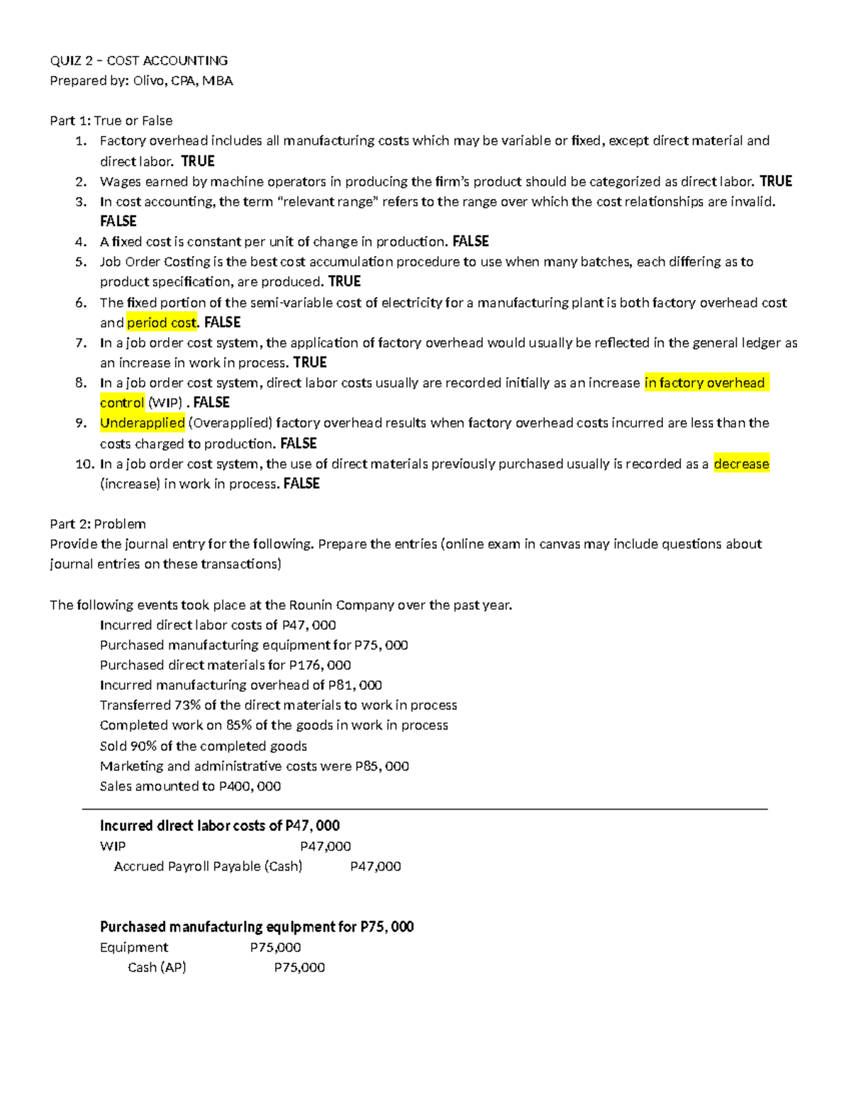 QUIZ 2: COST Accounting - Practice Exercises and Solutions - Studocu