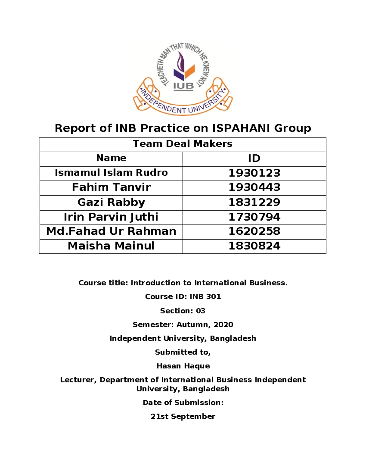 Inb-isphani-2 - Assignment - Report of INB Practice on ISPAHANI Group ...