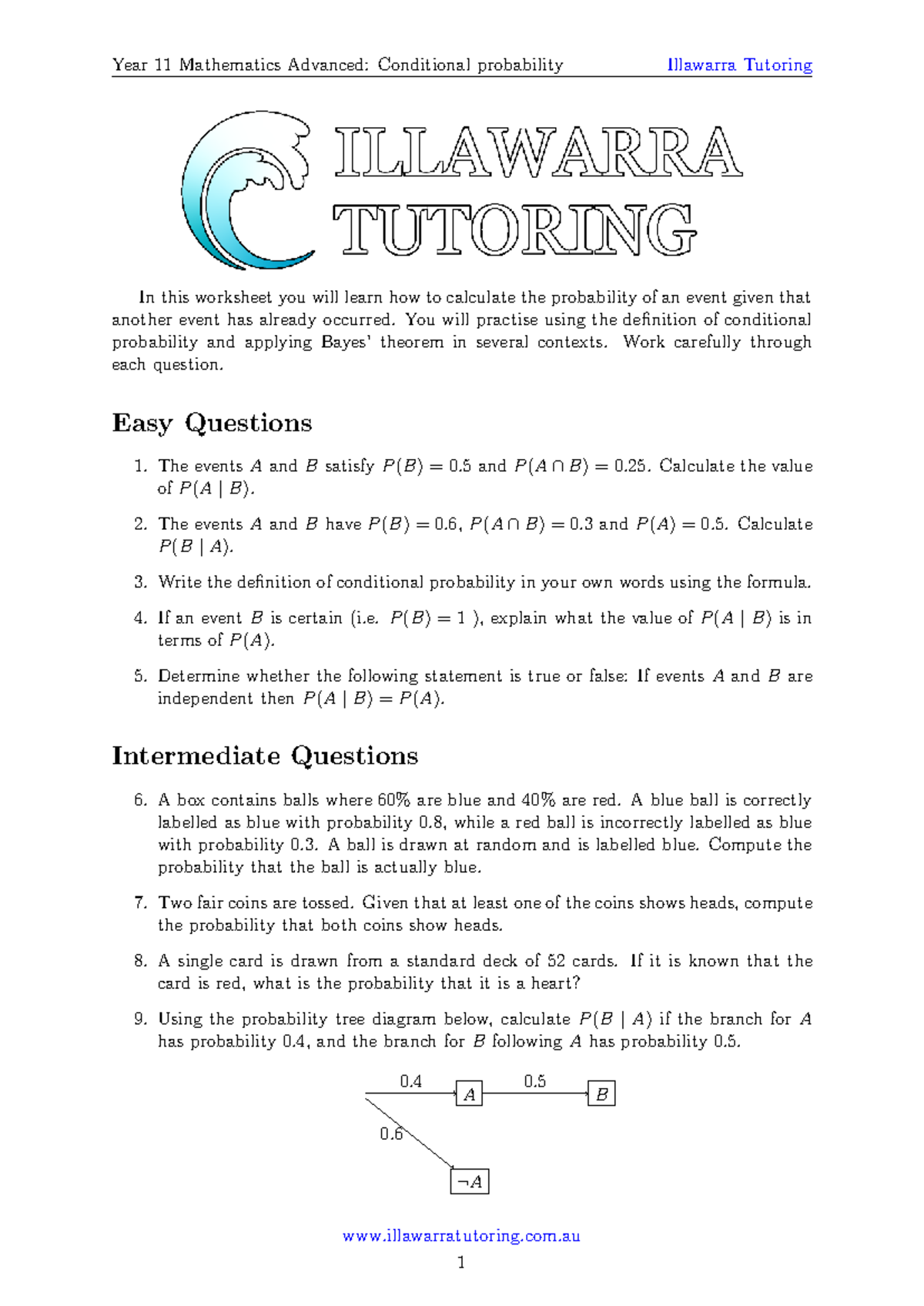 Year 11 Mathematics Advanced: Conditional Probability Worksheet - Studocu