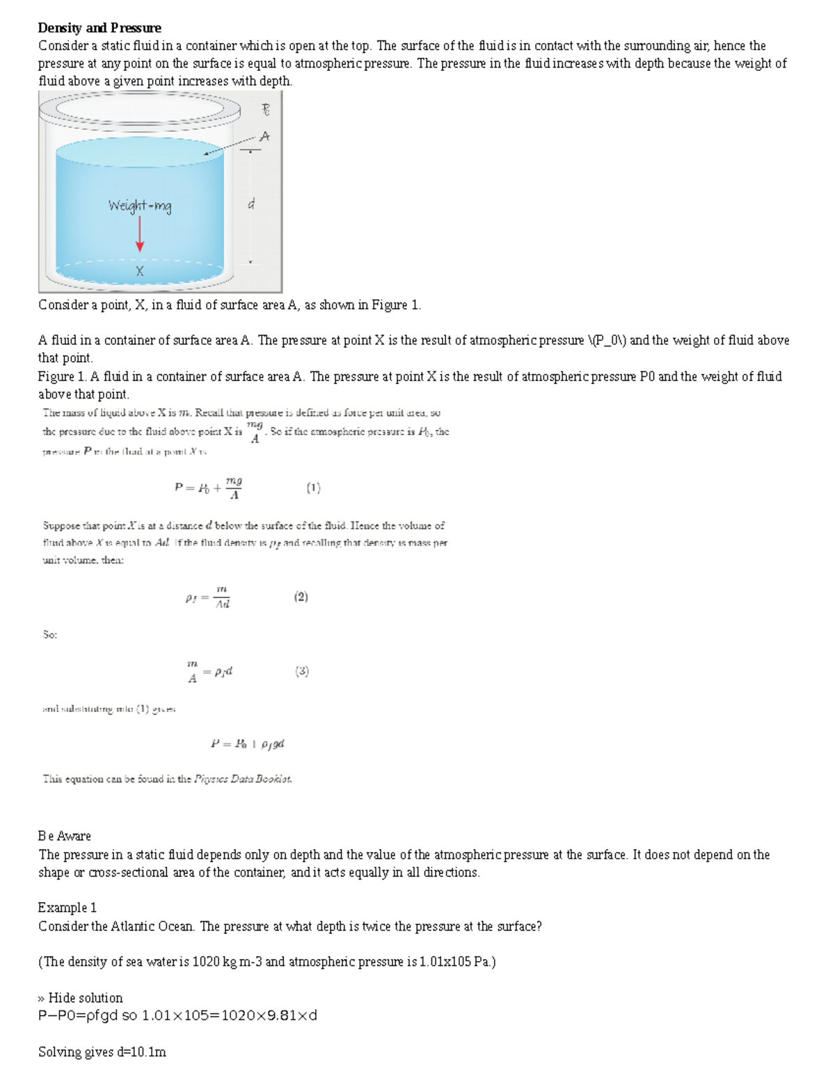 B.3 Fluids and fluid dynamics - Density and Pressure Consider a static ...