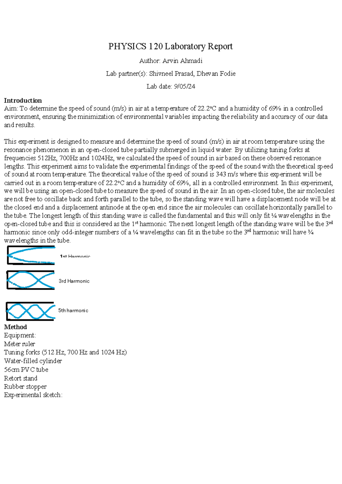 PHYSICS 120 Lab Report: Measuring Speed of Sound in Air Experiment ...