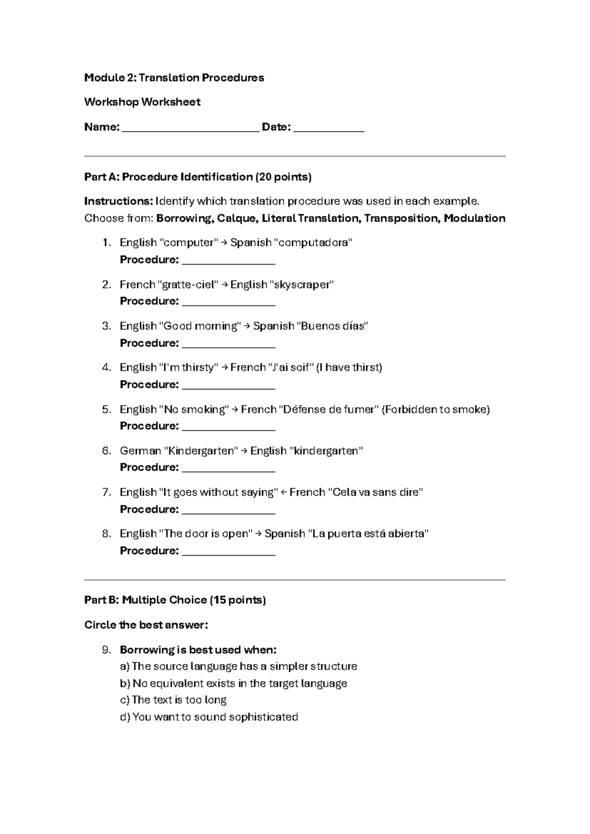 M2 Translation Procedures Workshop Worksheet: Identifying Techniques ...