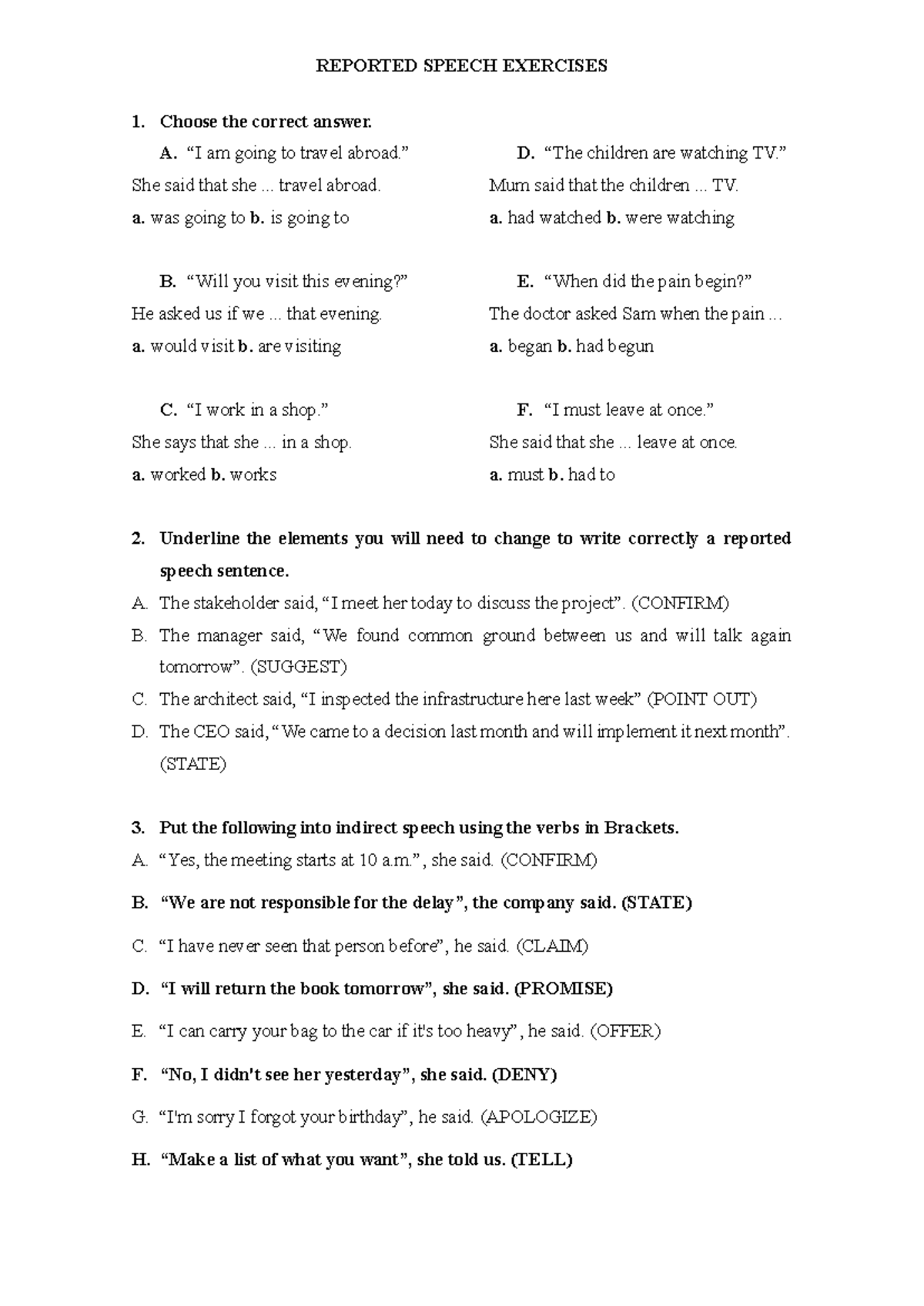 Reported Speech Exercises: Practice and Application - Studocu