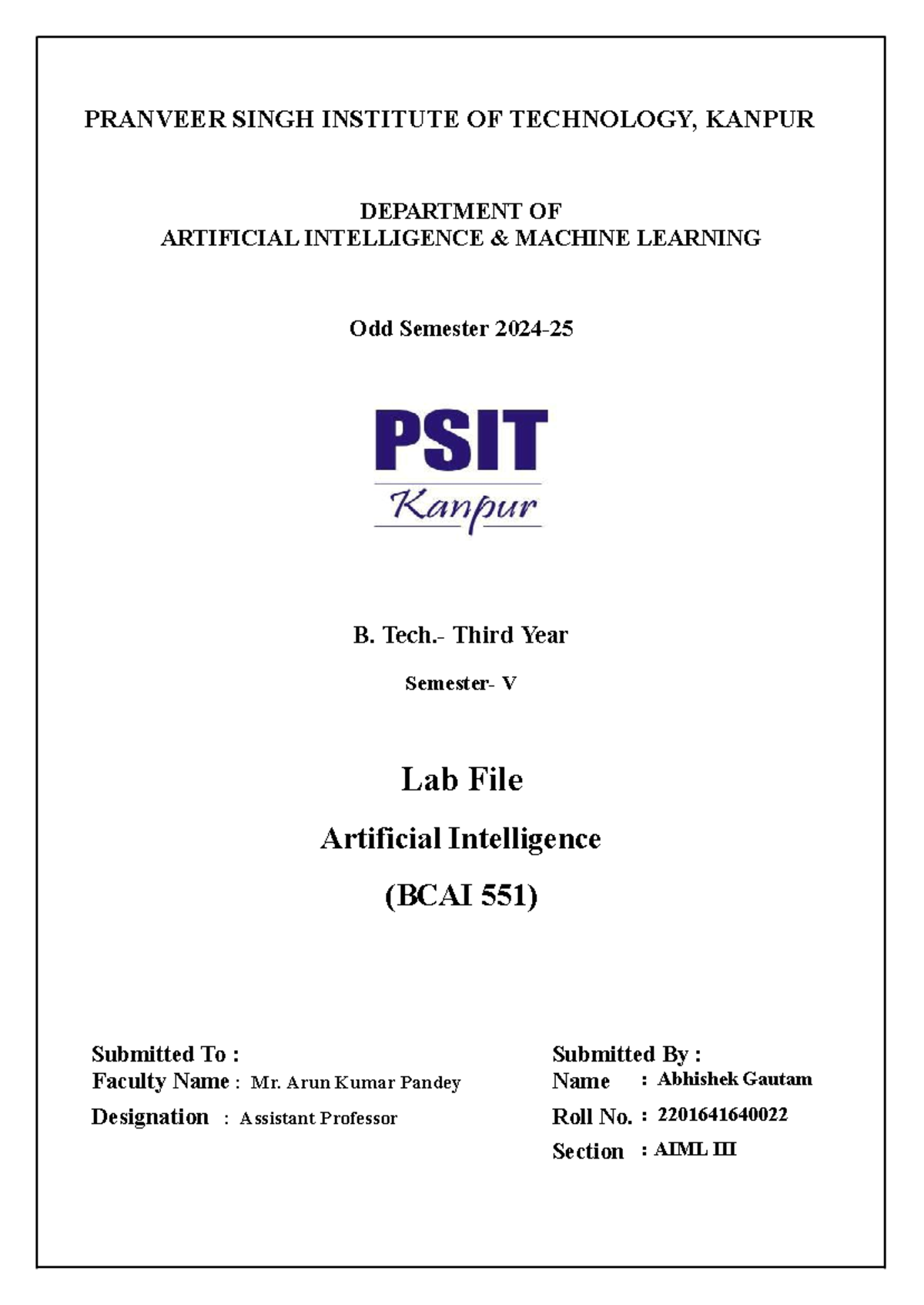AI Lab File for BCAI 551 - Third Year Engineering (Odd Sem 2024) - Studocu