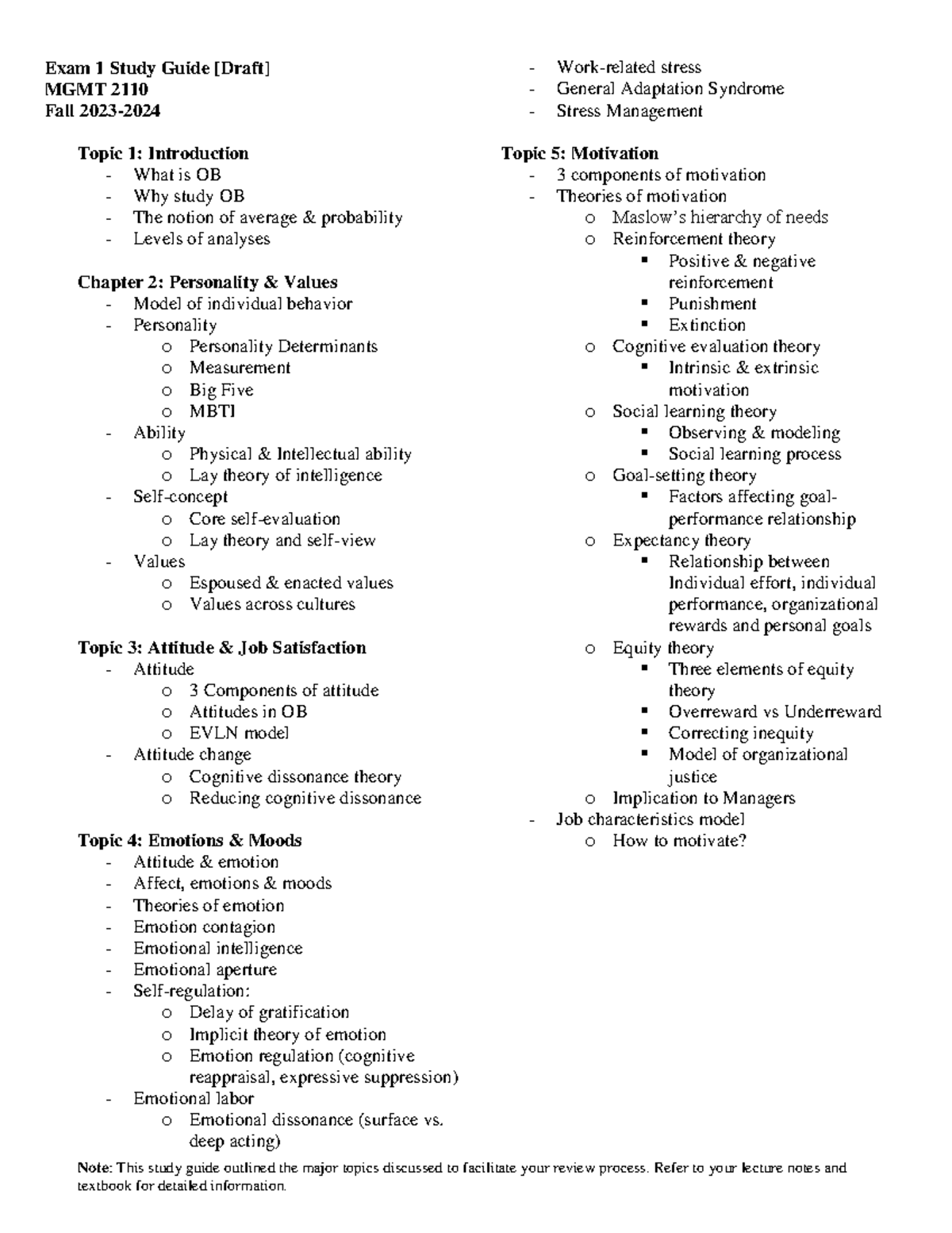 MGMT 2110 Exam 1 Study Guide - Key Topics for Review (Fall 2023) - Studocu
