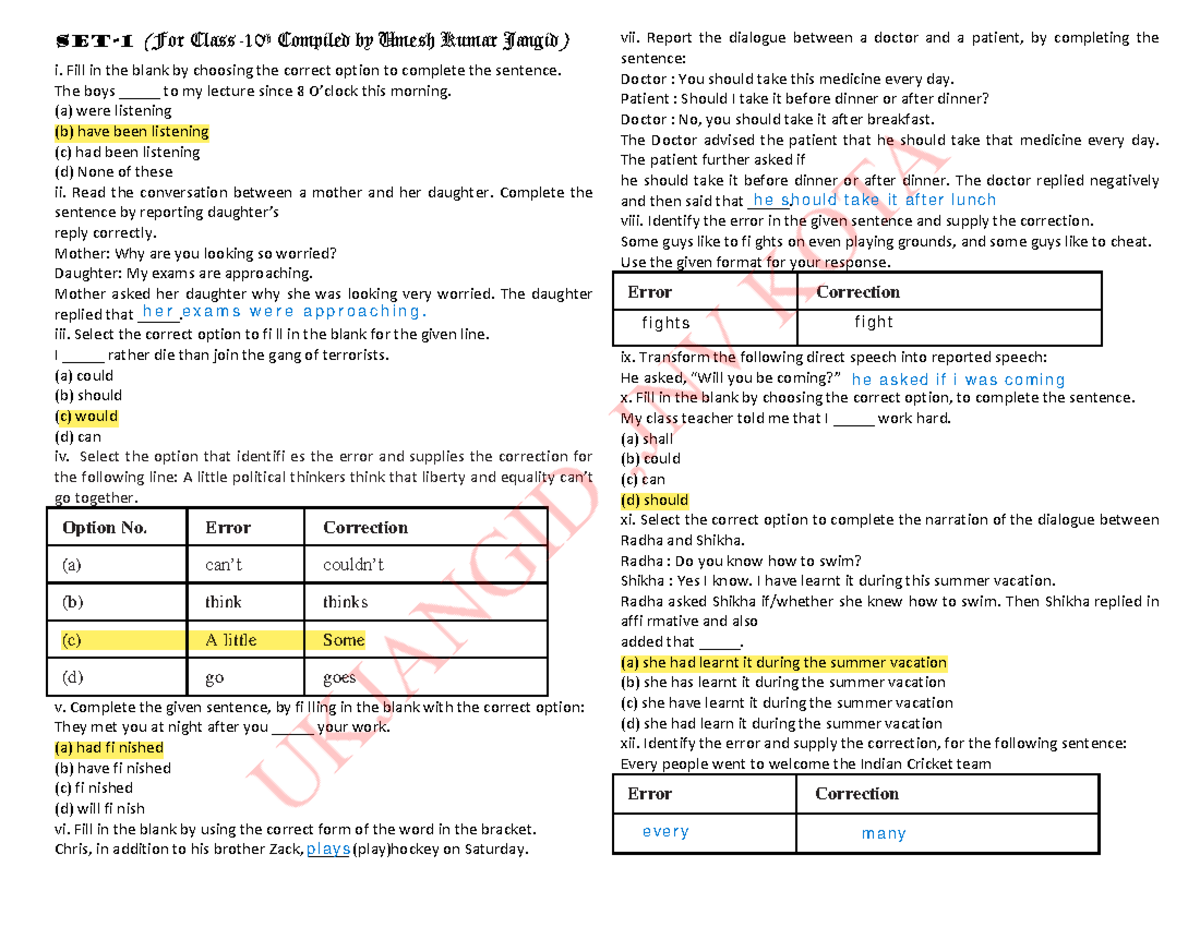 Grammar ANS - Just Do It: Fill in the Blanks and Error Correction - Studocu