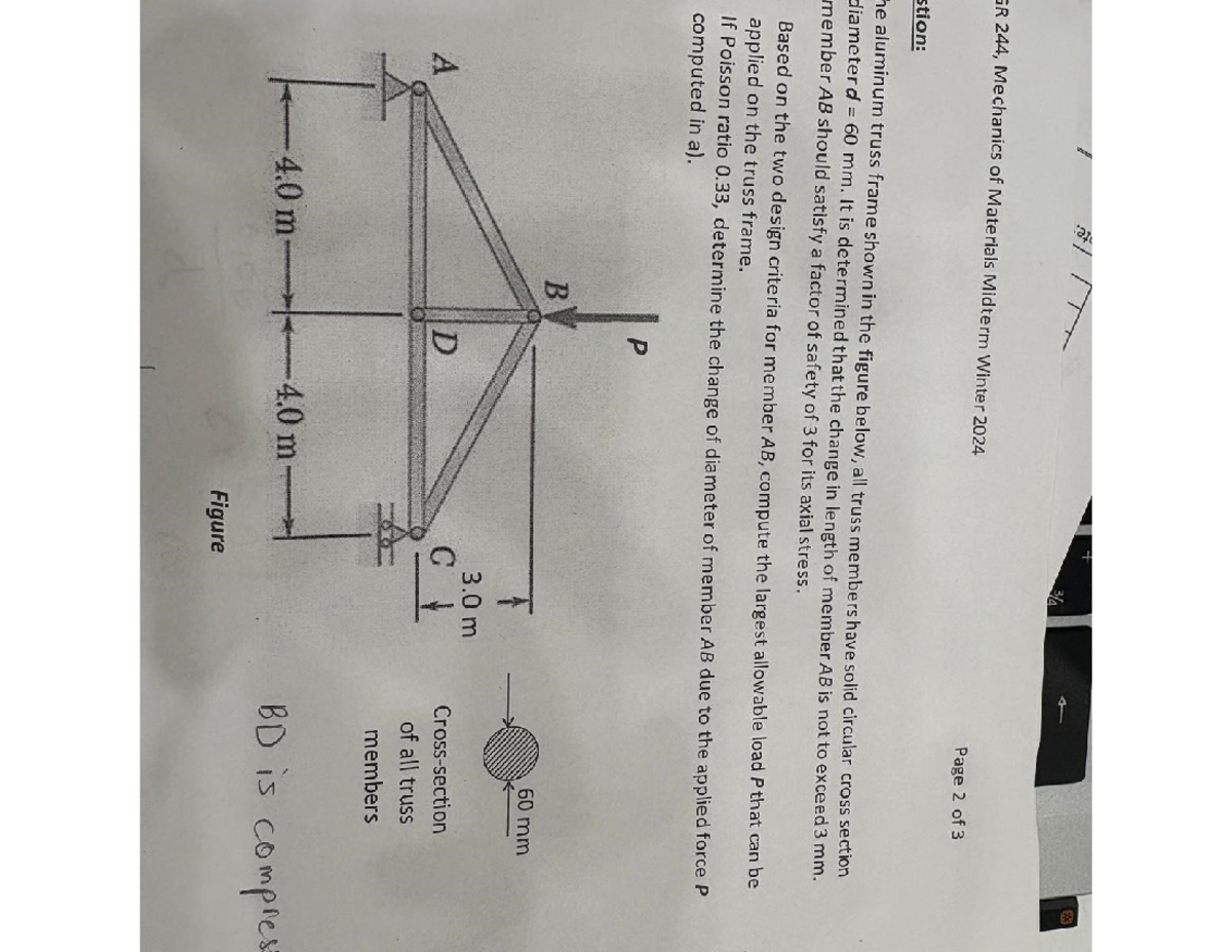 Quiz 1 - Eng 244: Mechanics of Materials Midterm Winter 2024 - Studocu