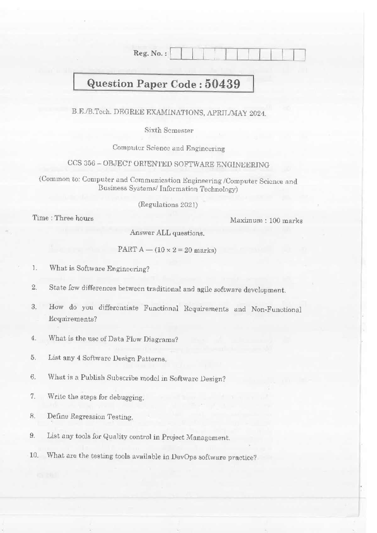 CCS 356 Final Exam Question Paper - Object Oriented Software ...