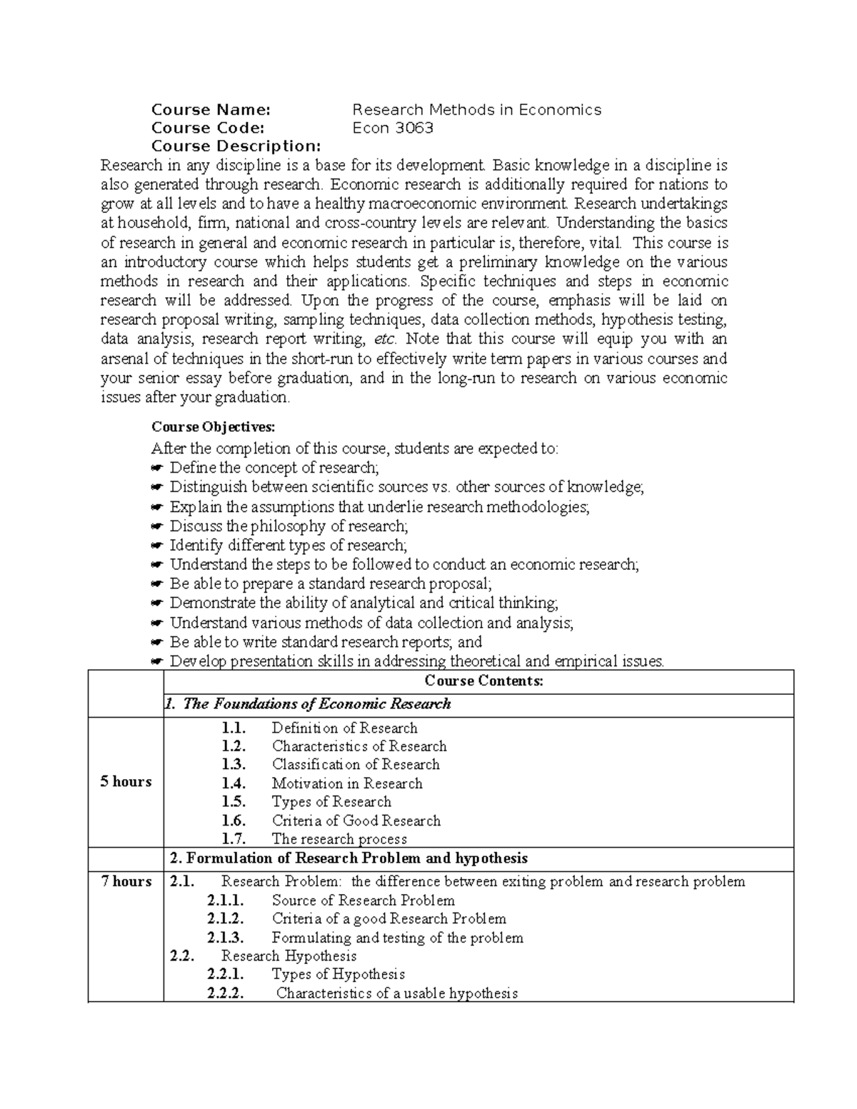 Research Methods in Economics (Econ 3063) Course Outline - Studocu