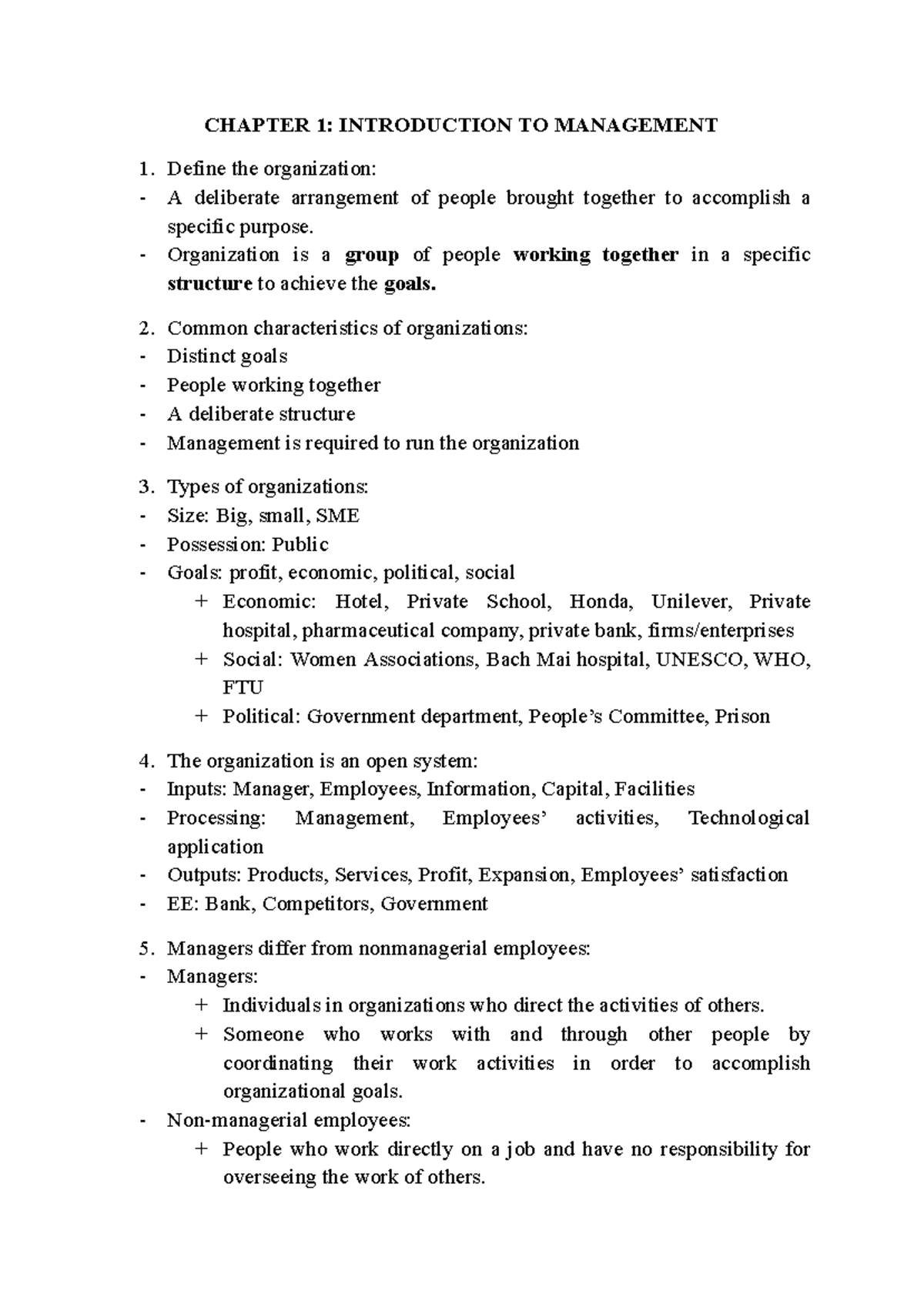 QUẢN TRỊ HỌC - Chapter 1: Introduction to Management Notes - Studocu