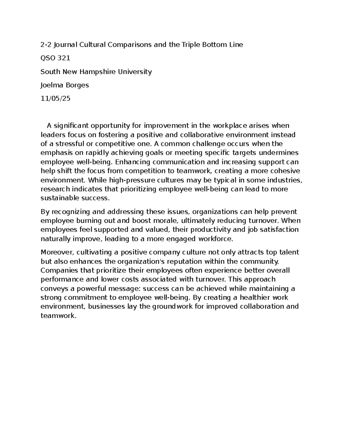 Cultural Comparisons & Triple Bottom Line Insights QSO 321 - Studocu