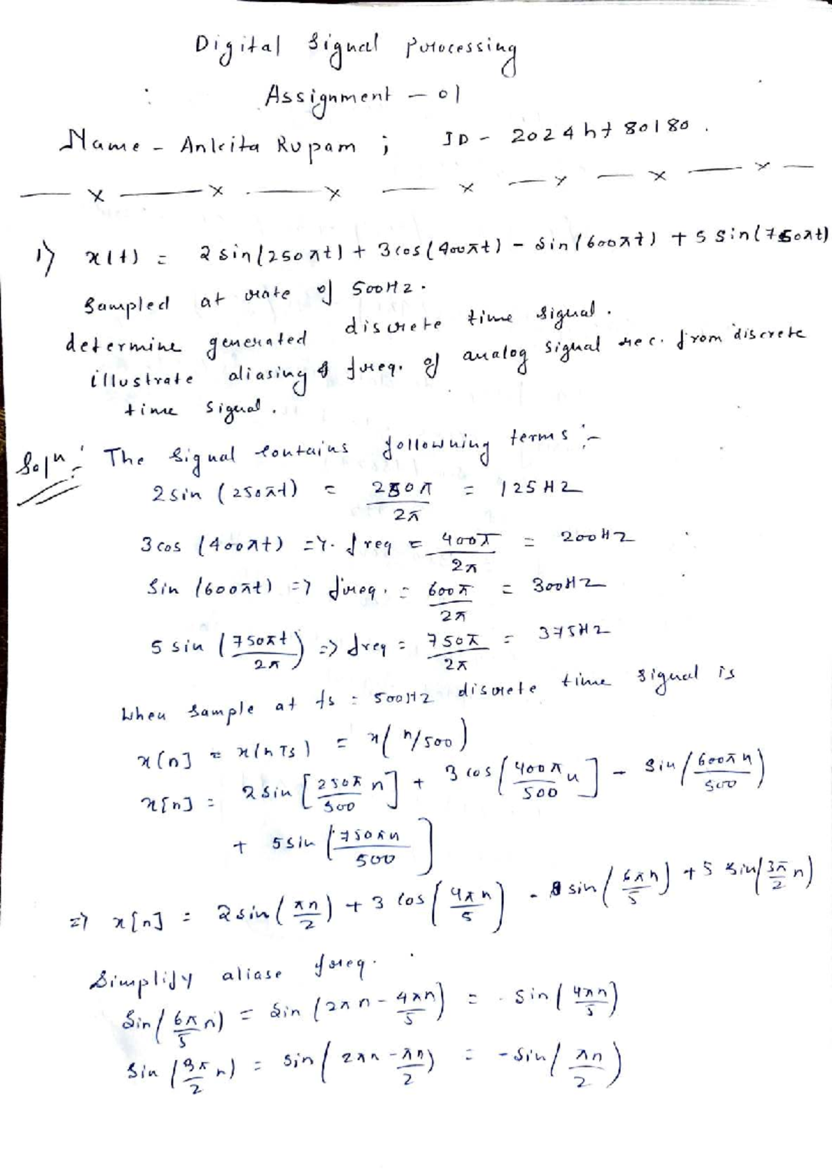 DSP Assignment 01: Discrete Time Signal Analysis and Aliasing - Studocu