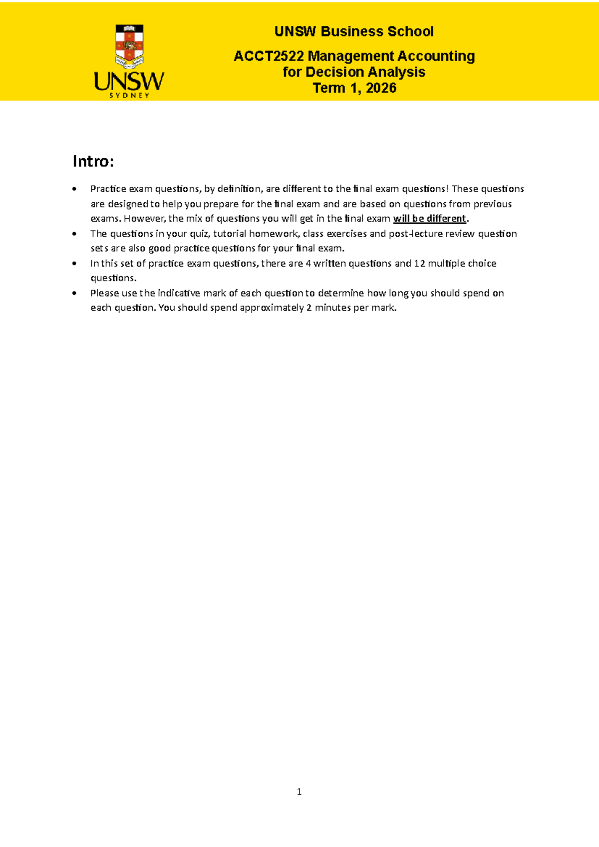 2026 T1 ACCT2522 Management Accounting Practice Final Exam Questions ...
