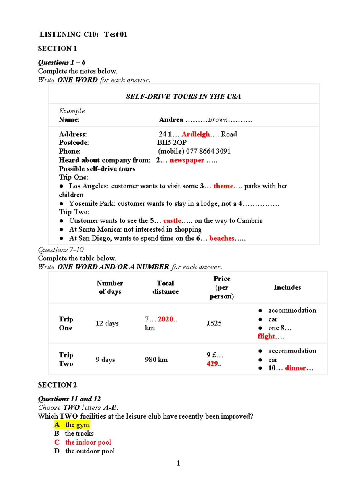 Listening C10: Test 01 Notes & Answers for Self-Drive Tours - Studocu