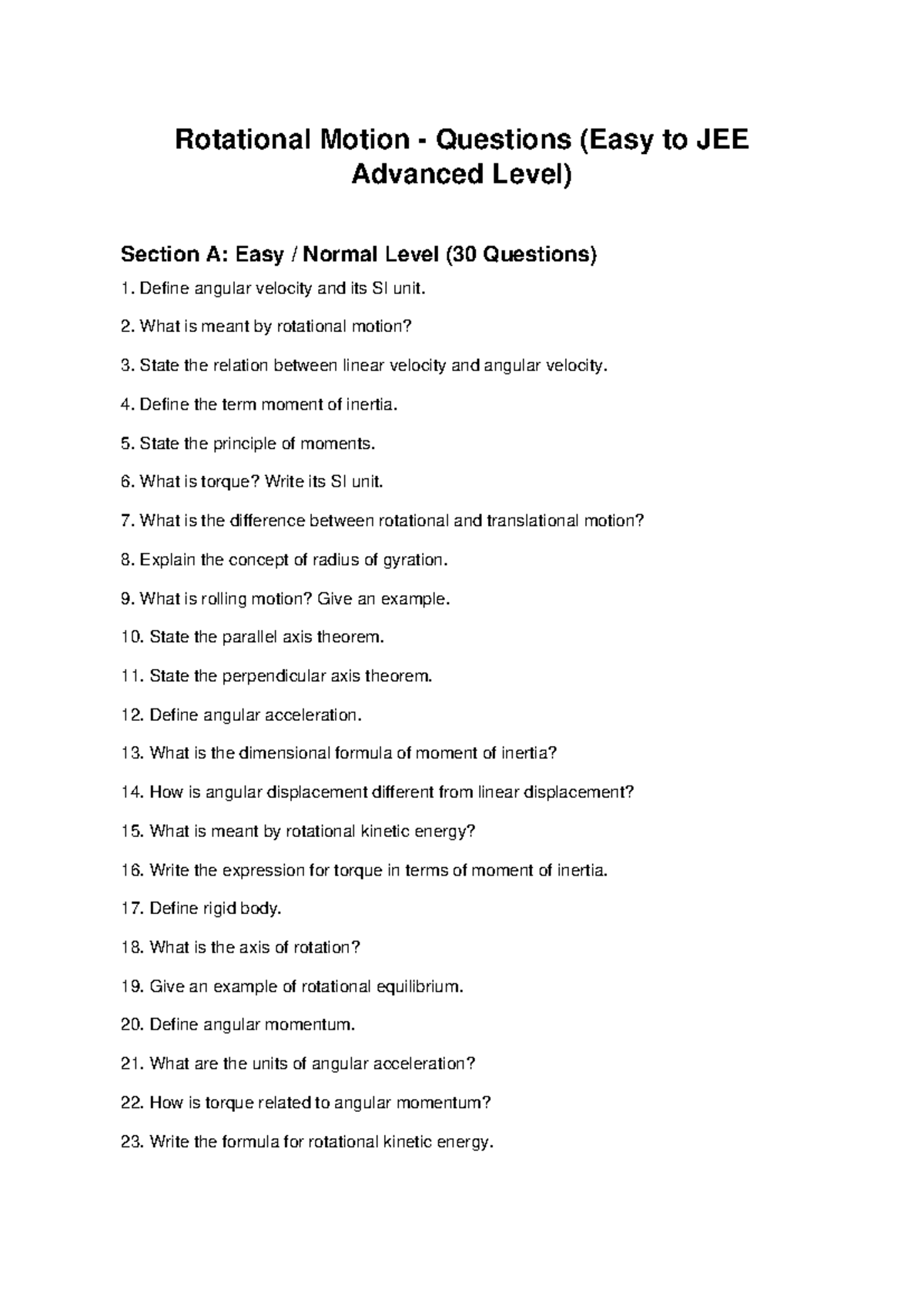 Rotational Motion Questions: Easy to JEE Advanced Level - Studocu