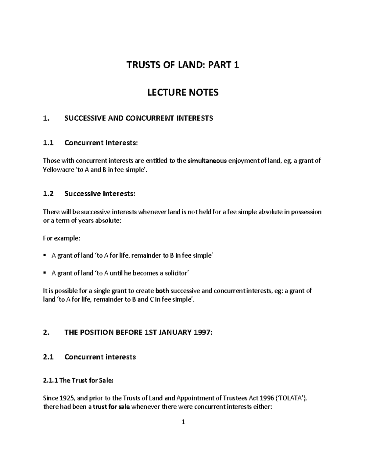 Trusts of Land Part 1 - Lecture Notes on Interests and Powers - Studocu