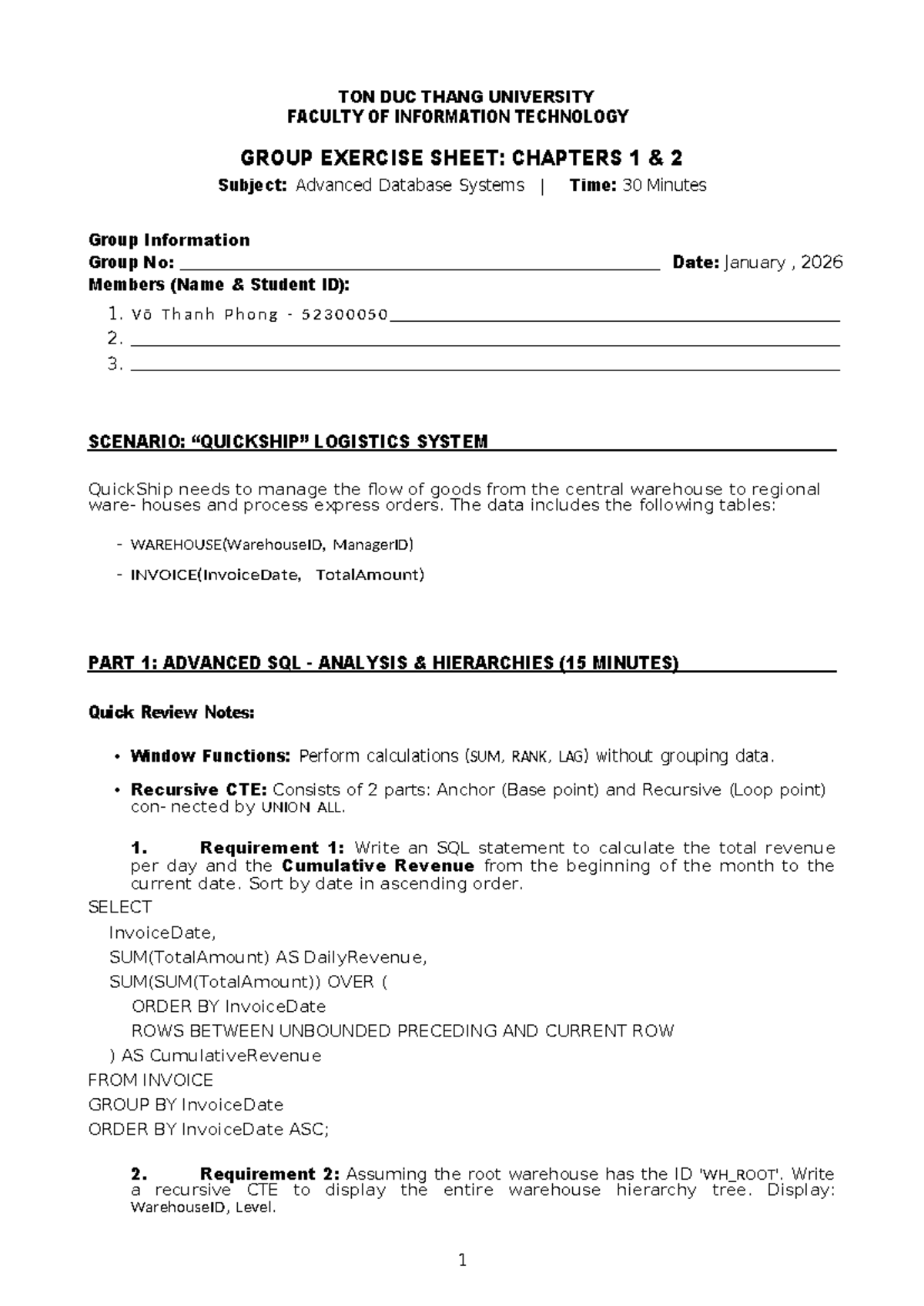 Advanced Database Systems Group Exercise: Chapters 1 & 2 - Studocu