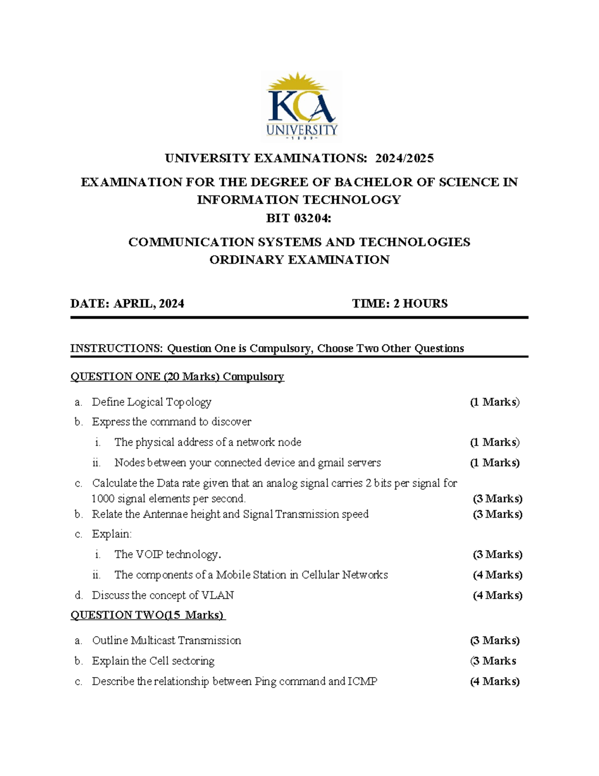 BIT 03204: Supplementary Exam on Communication Systems & Tech - Studocu