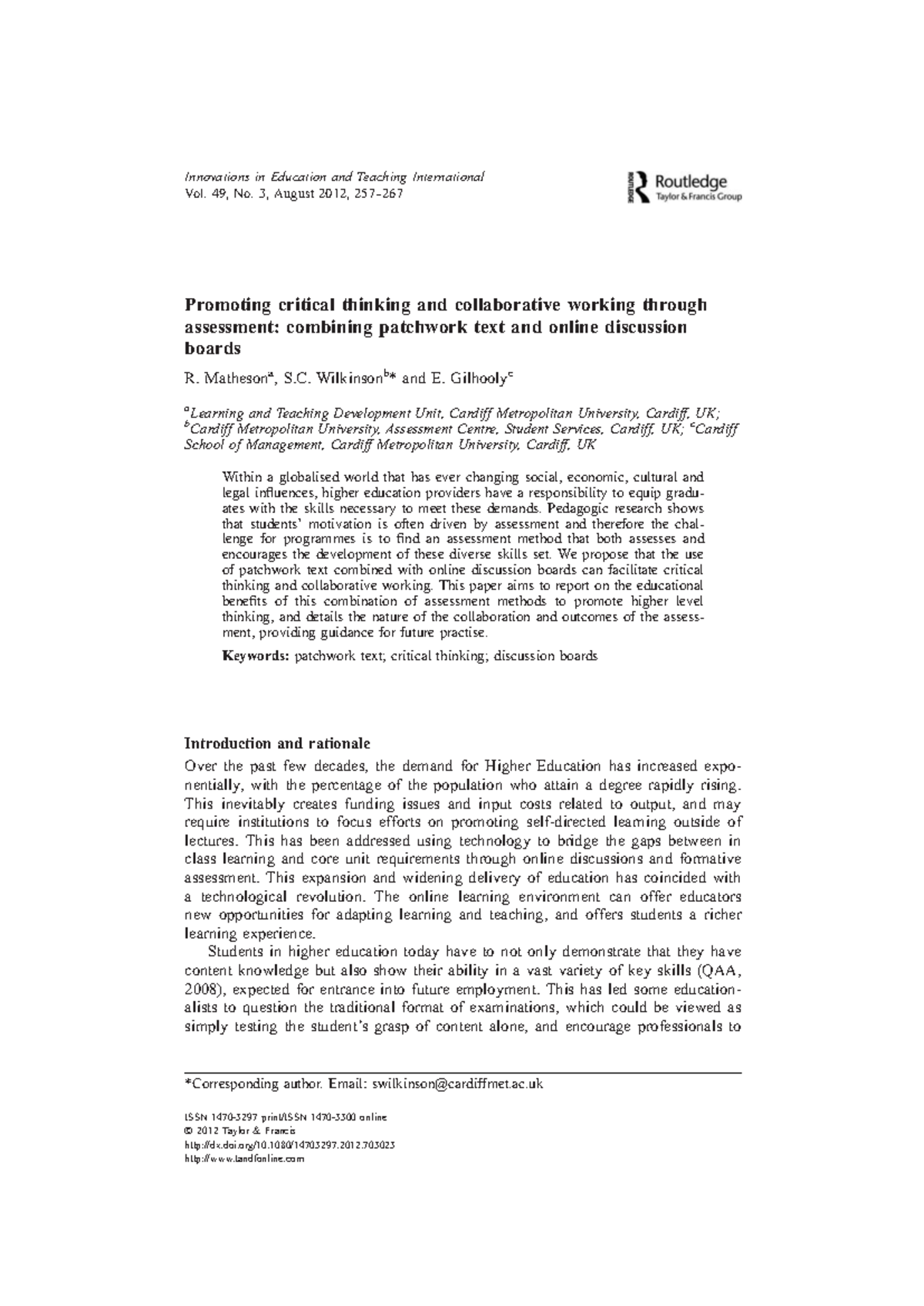 Innovations in Education (EDU 101): Enhancing Critical Thinking via ...