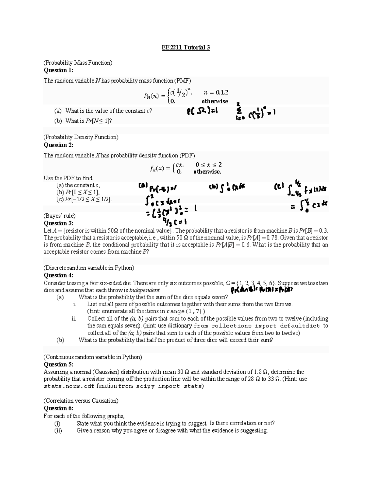 EE2211 Tutorial 3: Probability Mass and Density Functions Questions ...