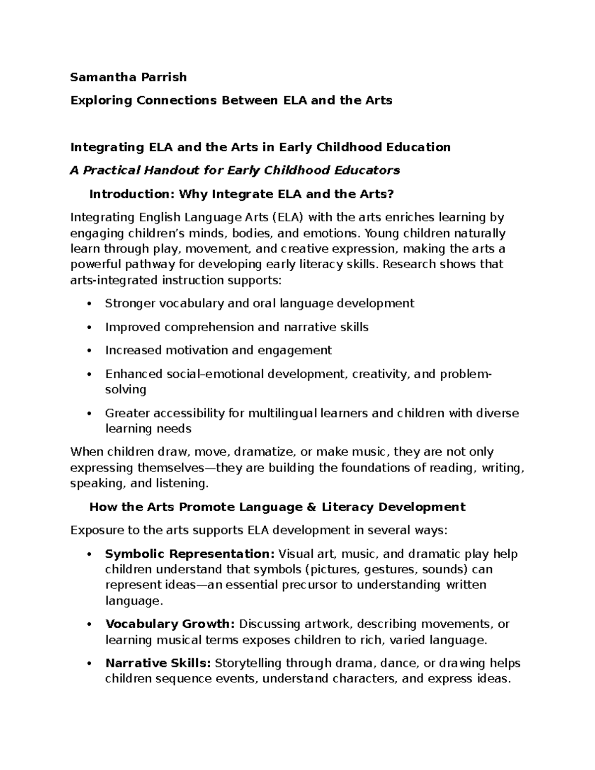 Exploring ELA & Arts Integration in Early Childhood Education SP - Studocu