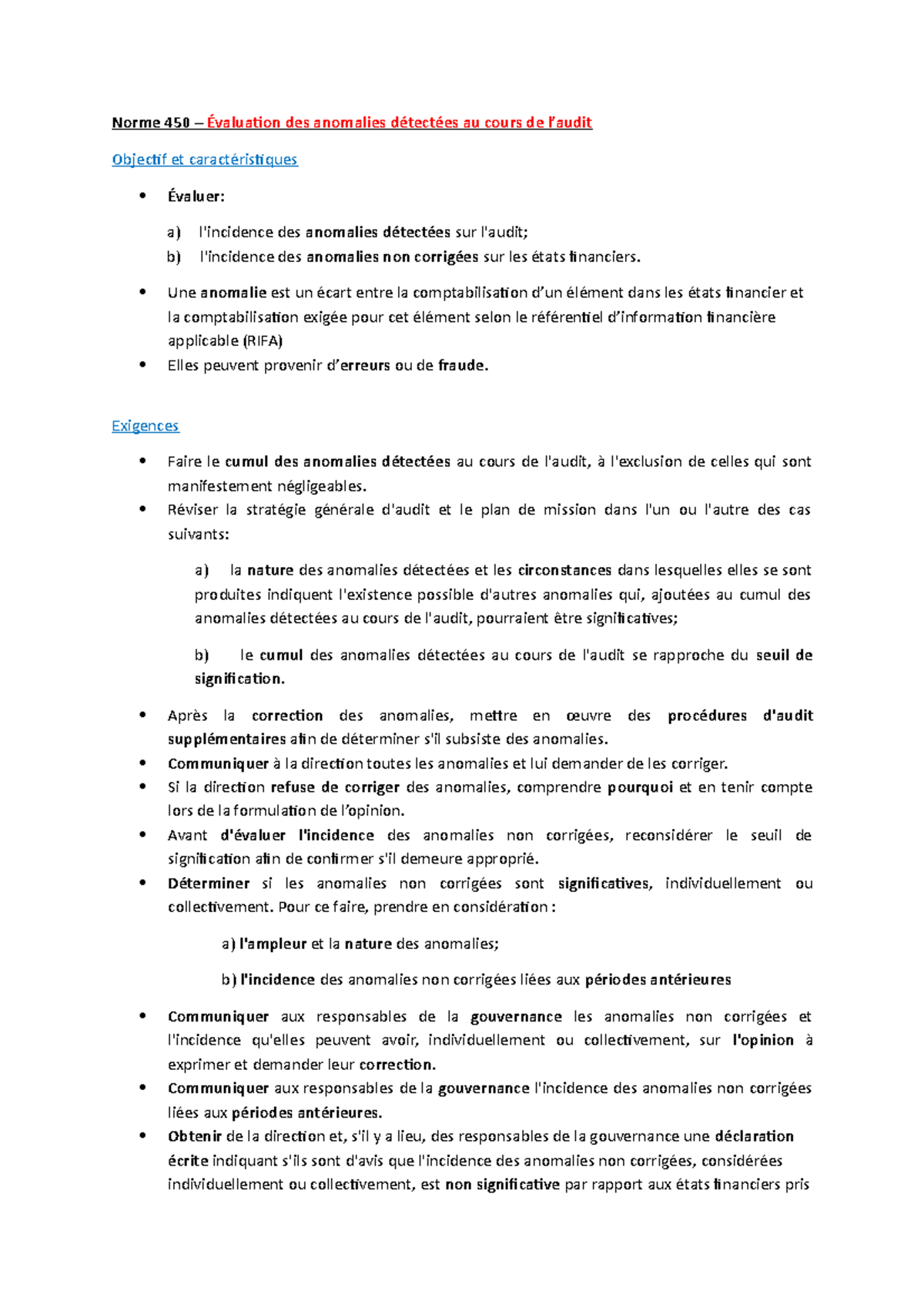 NCA 450 500 530 : Évaluation des anomalies dans l'audit et éléments ...