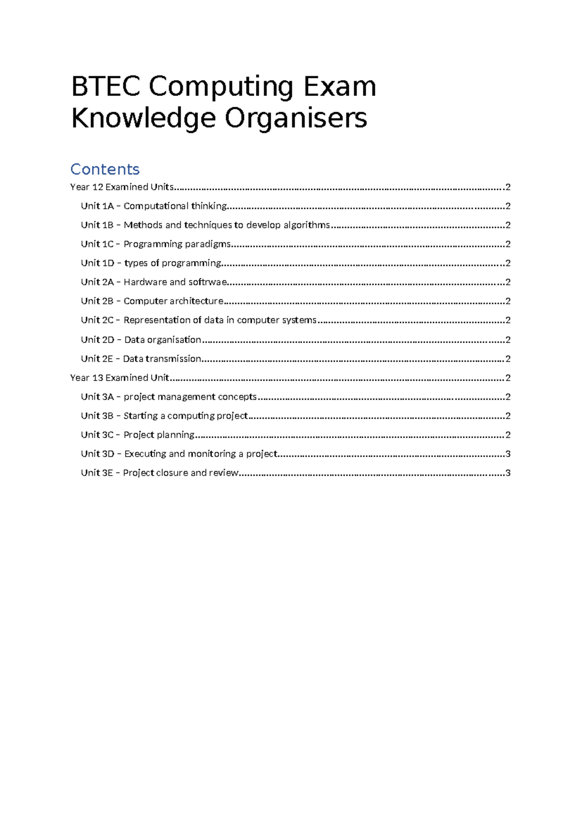 BTEC Computing Year 12 & 13 Exam Knowledge Organisers - Studocu