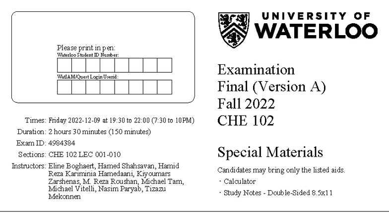 CHE 102 Fall 2022 Final Exam Guidelines and Instructions - Studocu