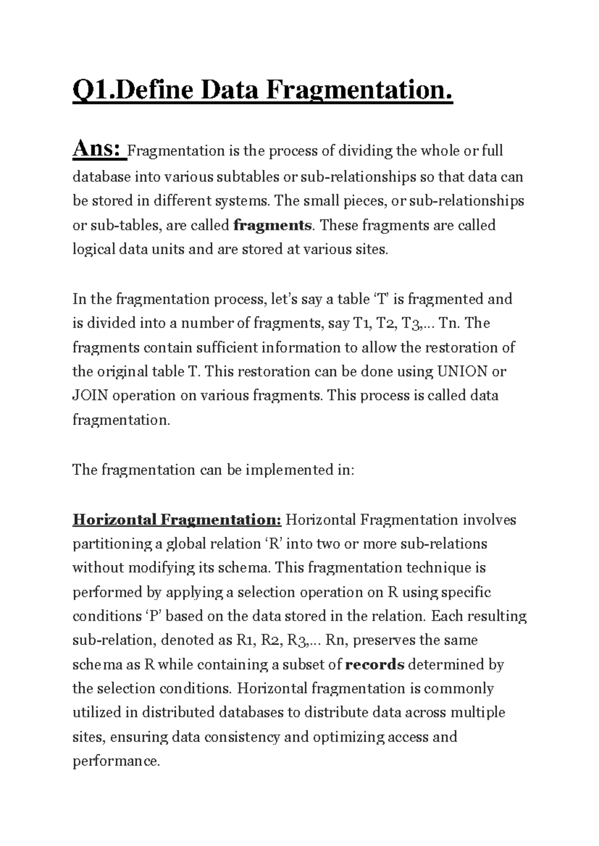 DDBMS Concepts and Definitions: Fragmentation, Processing, and ...