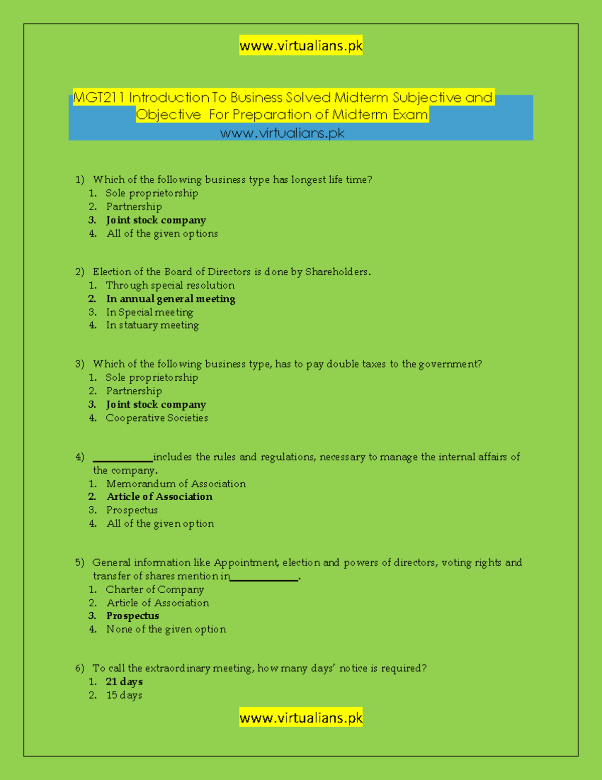 MGT211 Business Midterm Exam Study Guide with Solved Questions - Studocu