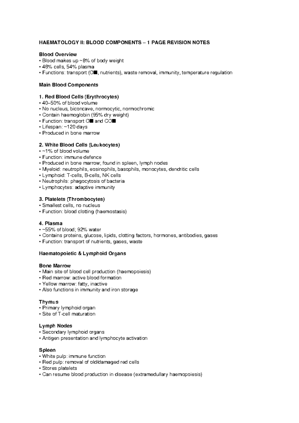 HAEMATOLOGY II: BLOOD COMPONENTS 1 PAGE REVISION NOTES - Studocu