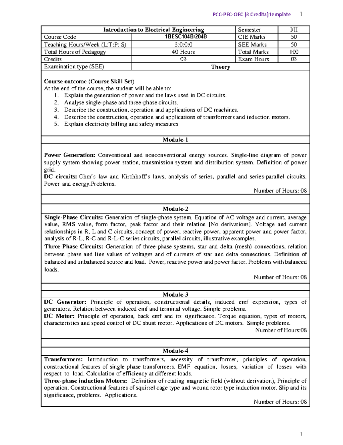Introduction to Electrical Engineering (BESC104B) Course Overview - Studocu