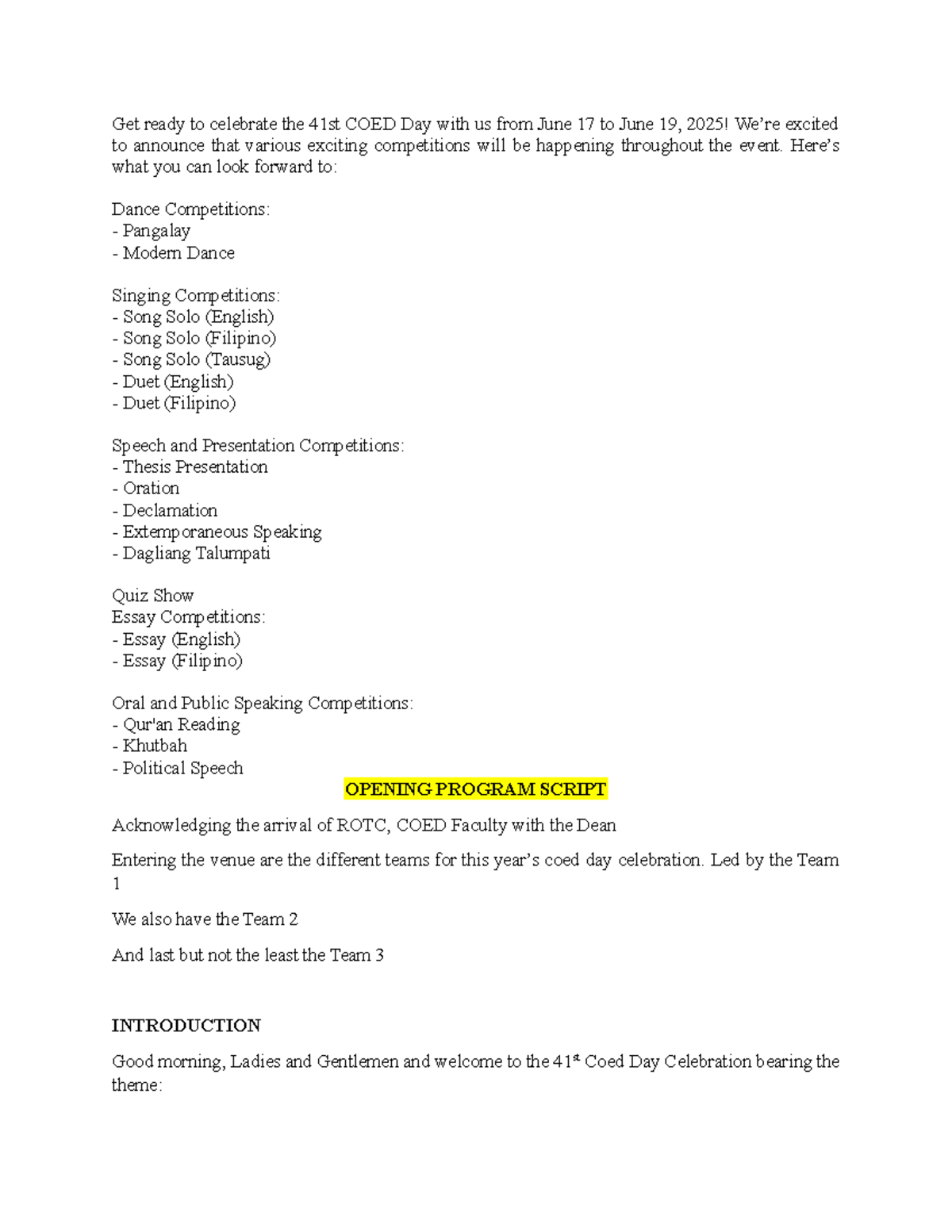 41st COED Day Celebration Emcee Script (June 17-19, 2025) - Studocu