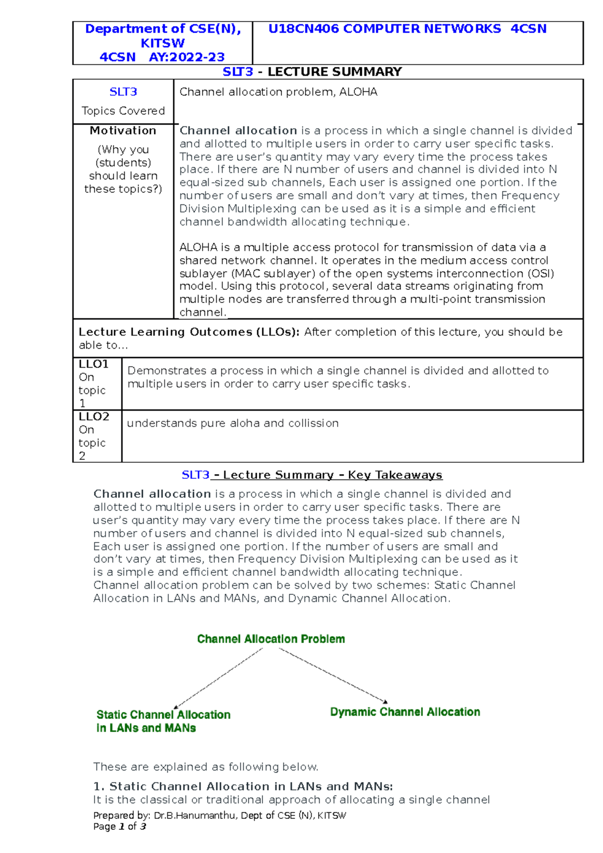 CN SLT3 - Lecture Summary on Channel Allocation & ALOHA Protocol - Studocu