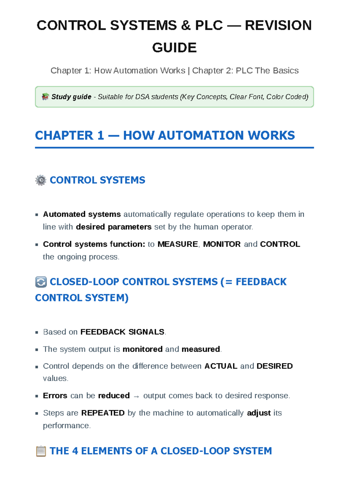Automation Control Systems & PLC Revision Guide (DSA) - Studocu