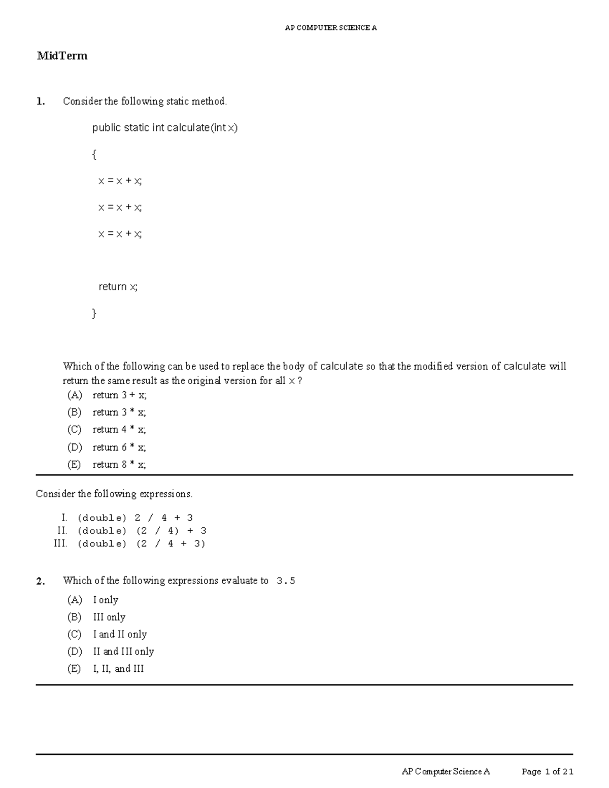 AP COMPUTER SCIENCE A MidTerm Exam Review and Practice - Studocu