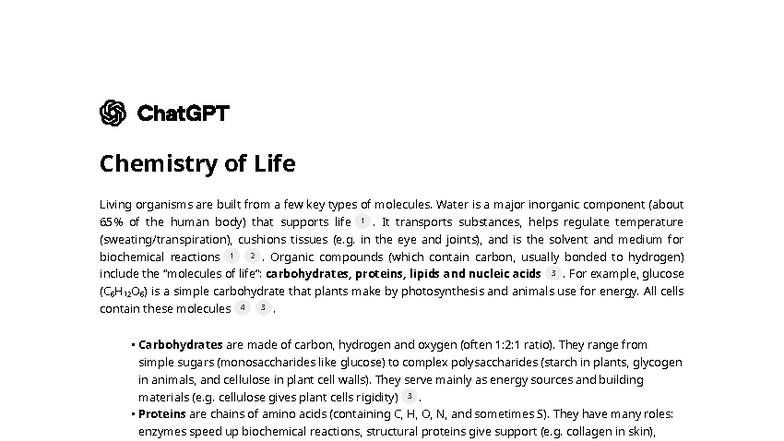 Chemistry of Life: Key Molecules and Their Functions - Notes - Studocu