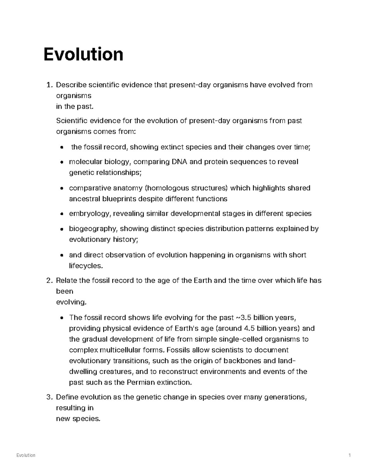 Evolution Year 10: Comprehensive Study Notes on Evolutionary Evidence ...