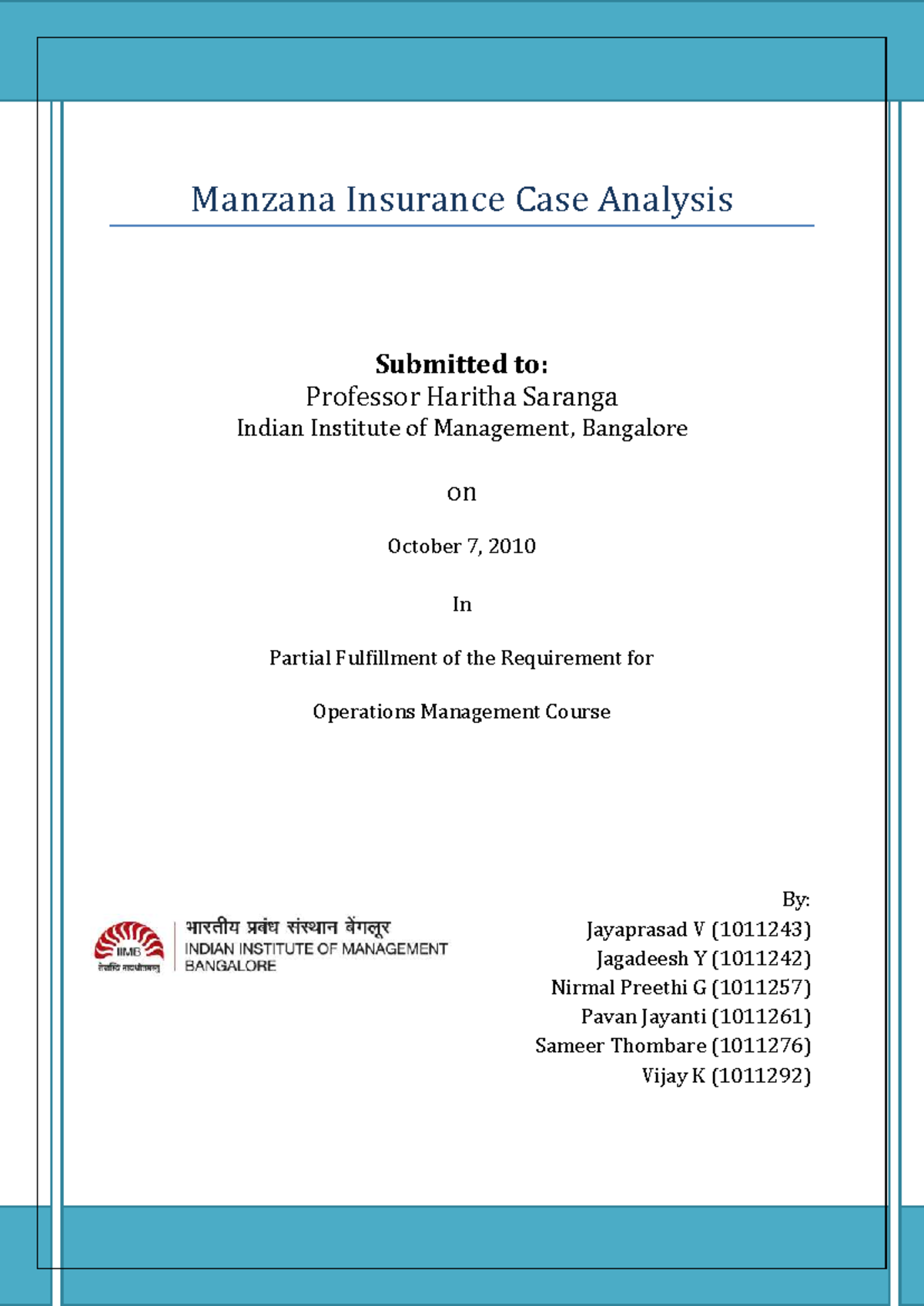 Manzana Insurance Case Study Analysis for Operations Management ...