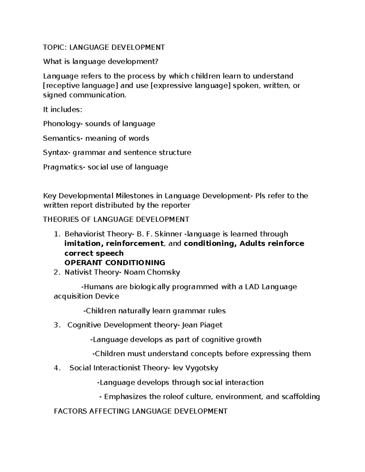 Summary of Language Development Theories and Milestones - Studocu