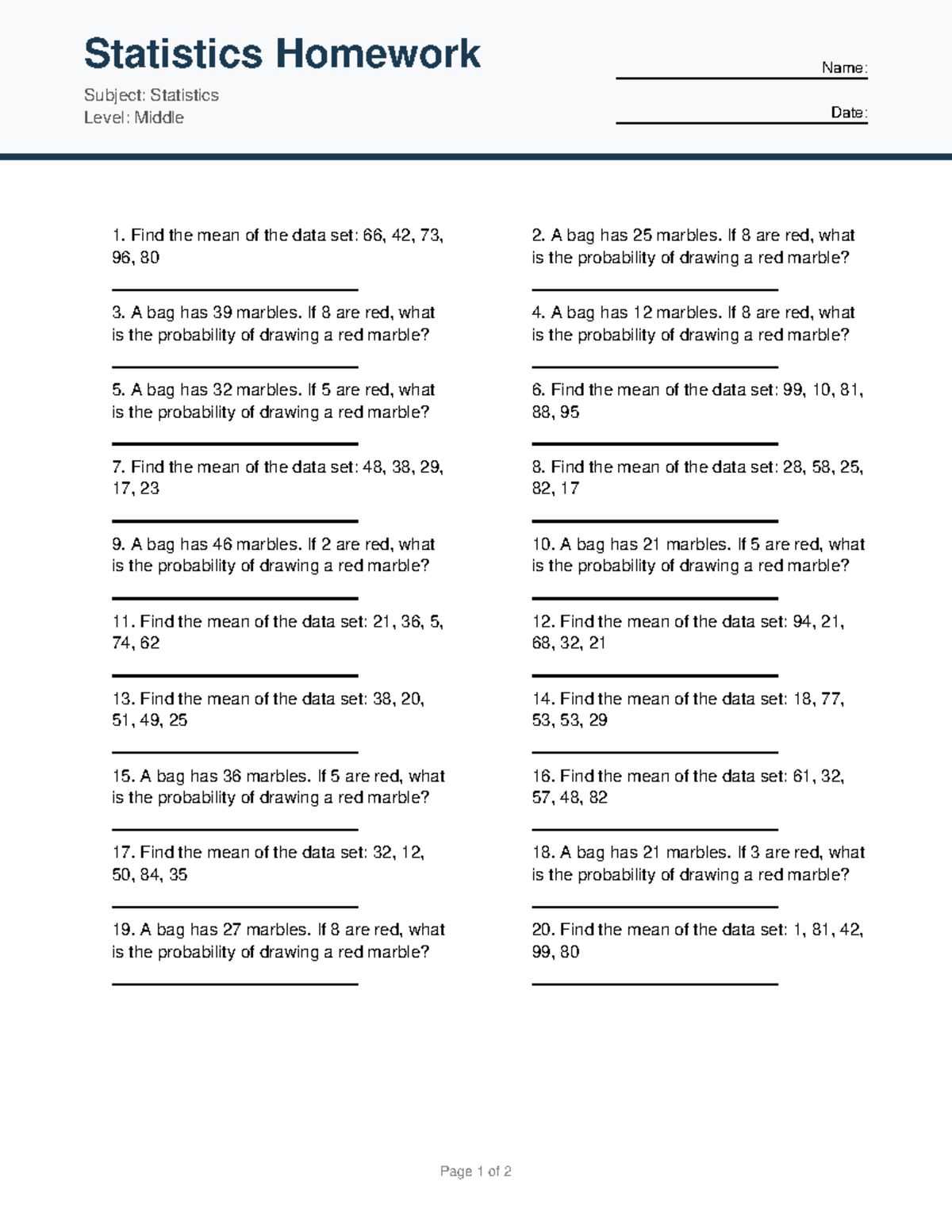 Statistics Homework: Mean & Probability Problems (Middle Level) - Studocu