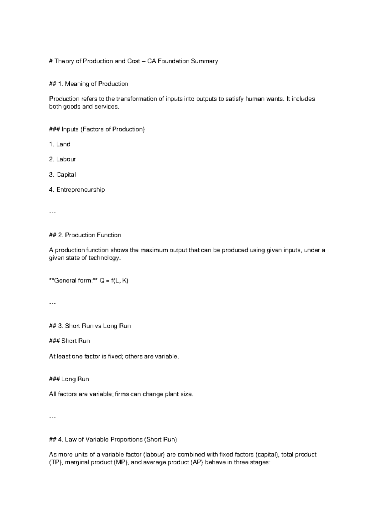 Theory of Production and Cost Summary for CA Foundation Exam - Studocu