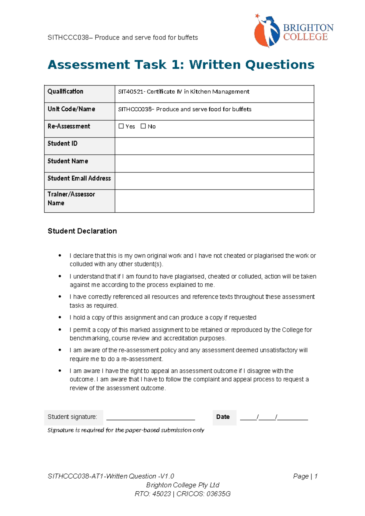 SITHCCC038 Assessment Task 1: Written Questions on Buffets - Studocu