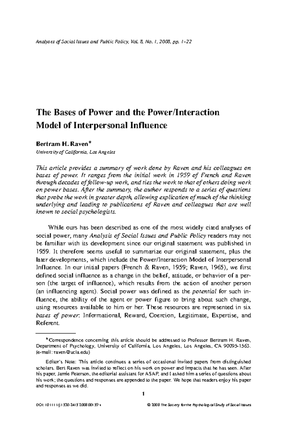 Raven 2008 - The Bases of Power and Interpersonal Influence Model - Studocu