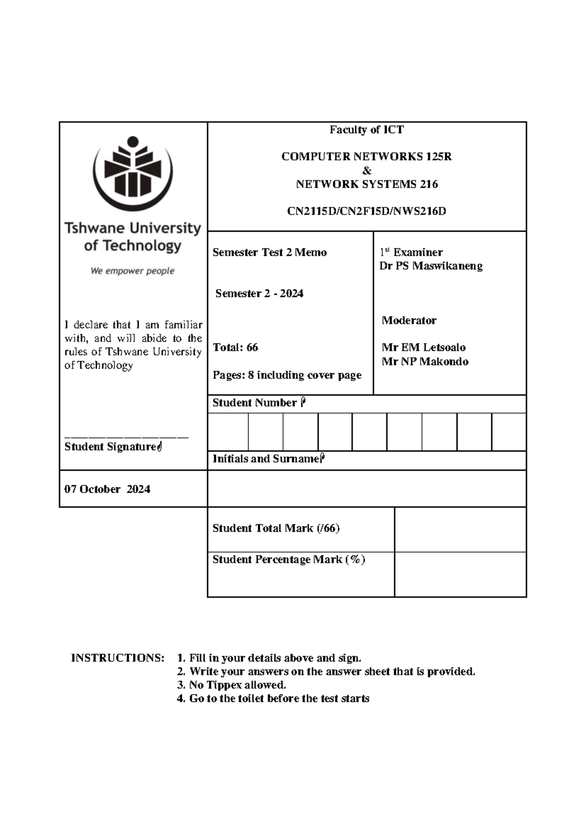 CN2F15D Computer Networks Semester Test 2 Memo 2024 - Studocu