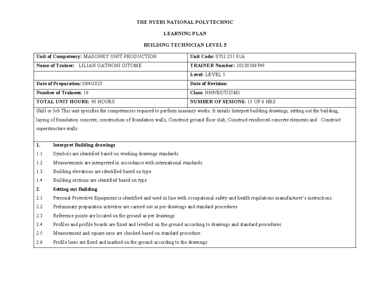 Learning Plan for Masonry Unit Production BDT525M1 - Studocu
