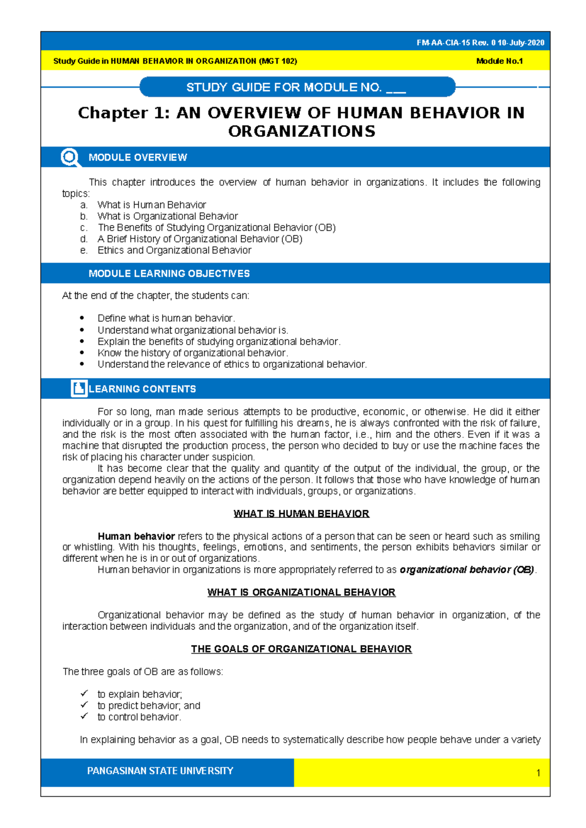 Module 1 Overview of Human Behavior in Organizations - STUDY GUIDE FOR ...