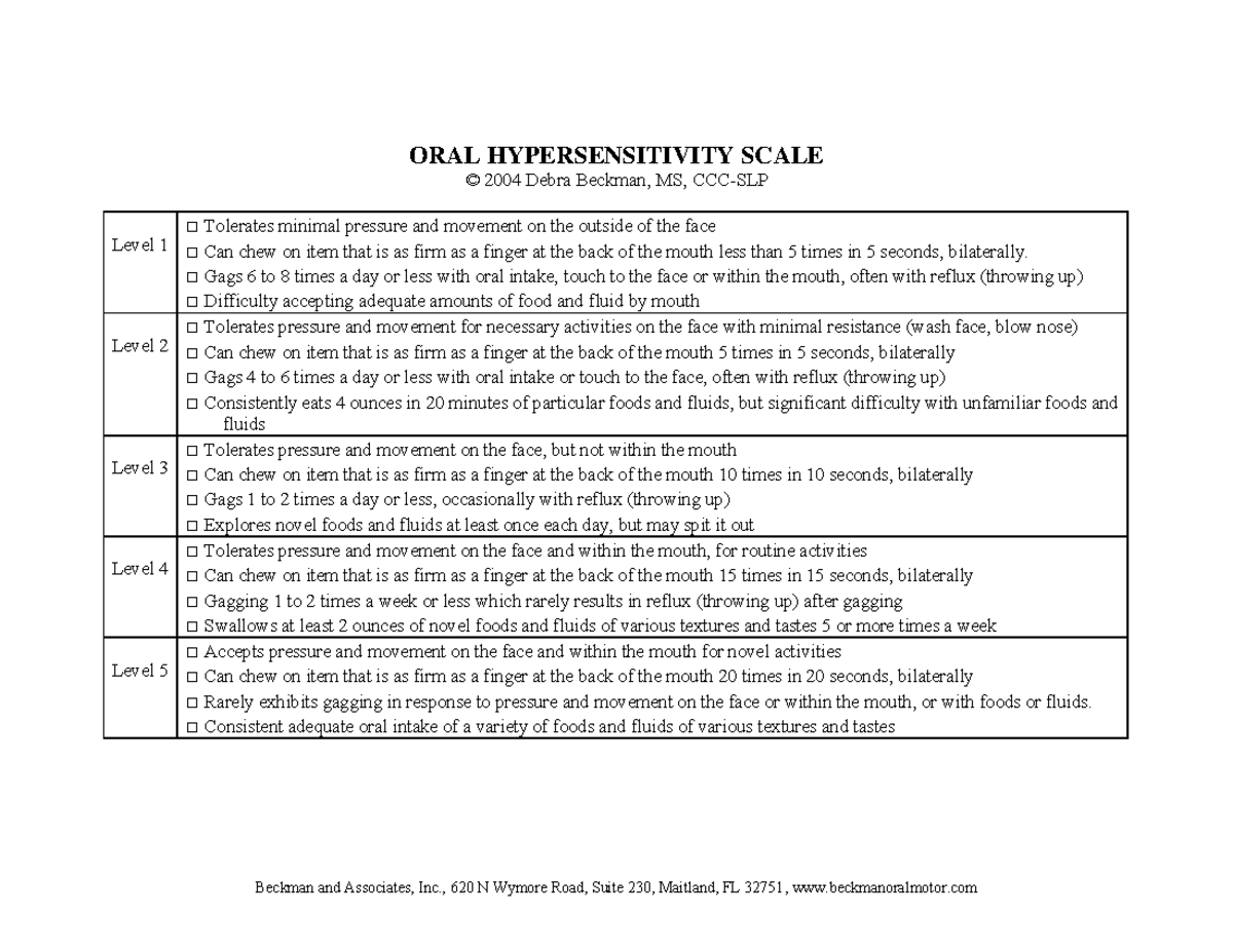 Oral Hypersensitivity Scale 2004: Levels of Tolerance and Gagging - Studocu