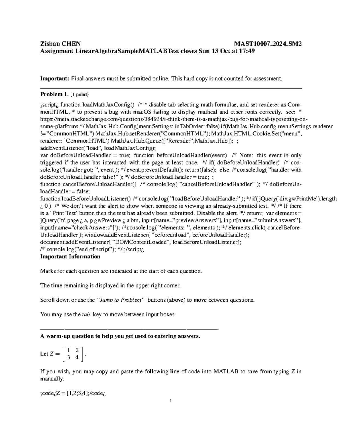 MATLAB Test - MAST10007 Final Exam Practice 2024 - Studocu
